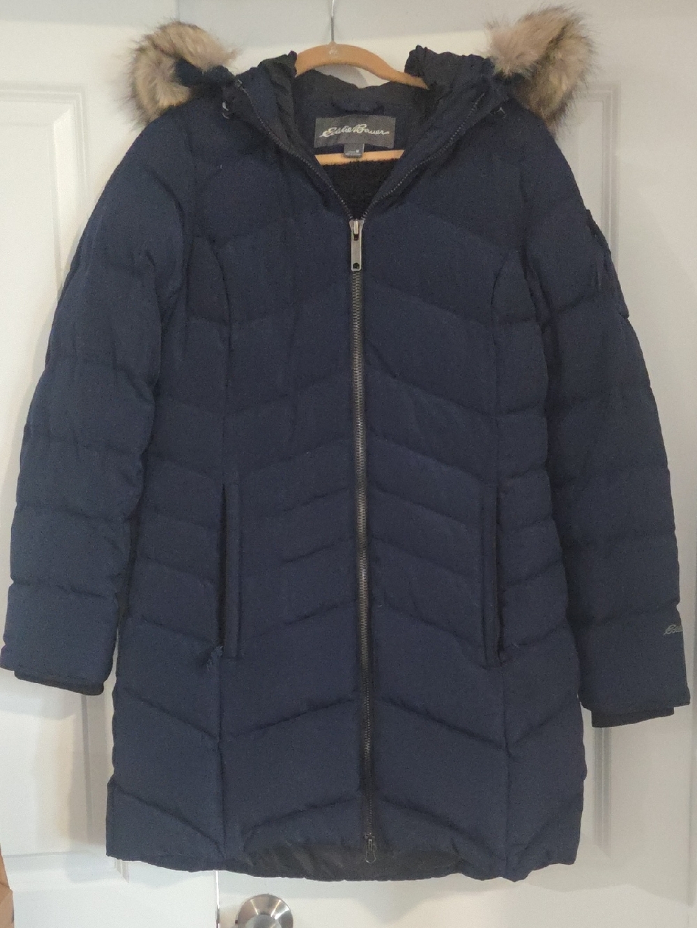 Eddie Bauer Navy Quilted Puffer Coat with Faux Fur Hood